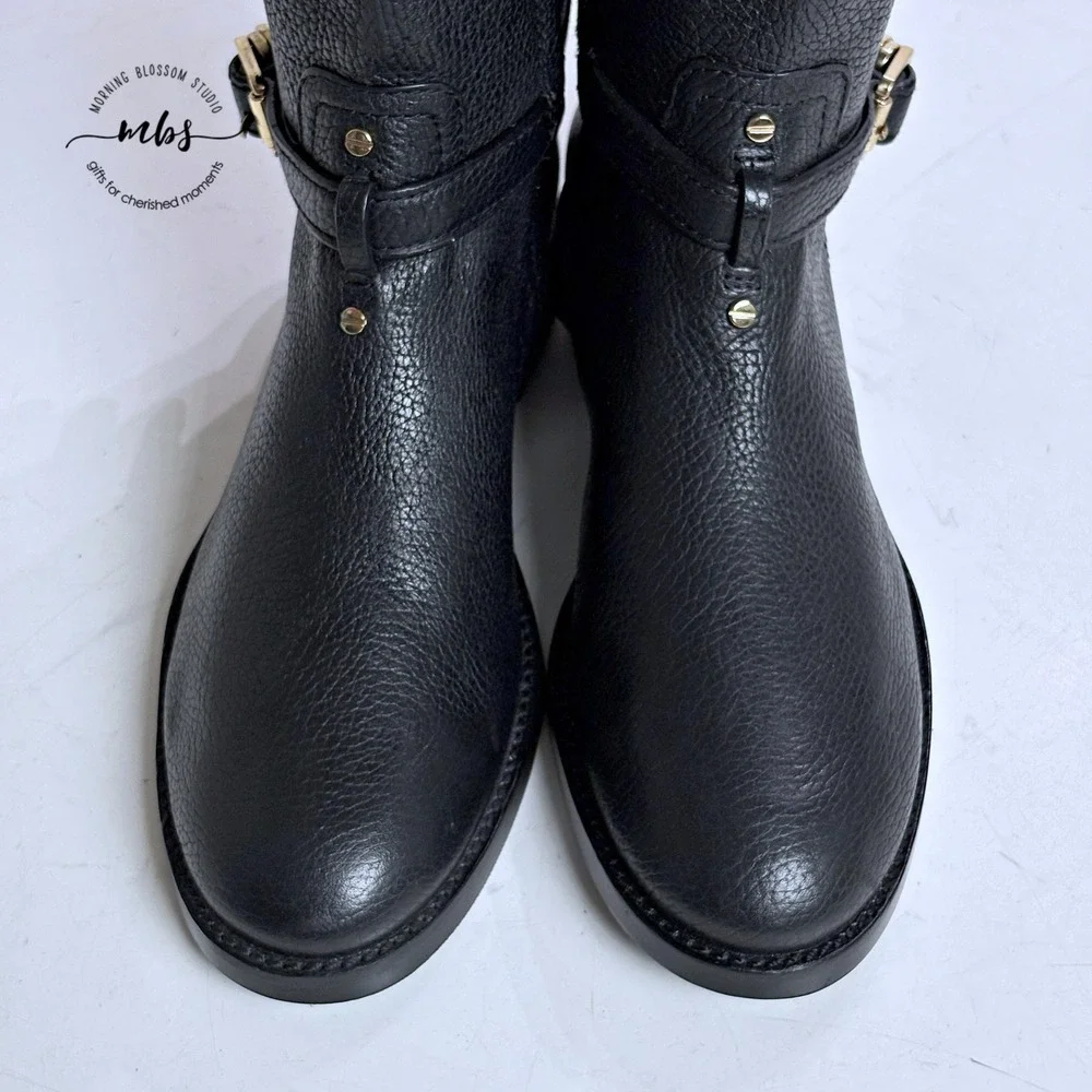 NWOT Tory Burch Thea Riding Boots Equestrian Leather Zip‎ Buckle Black Women 6.5